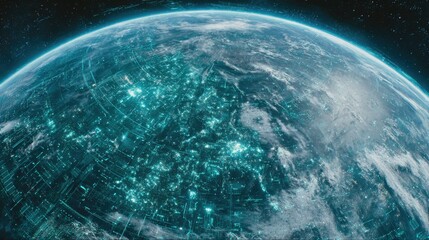 Futuristic digital planet with glowing data points and intricate network patterns in deep space environment