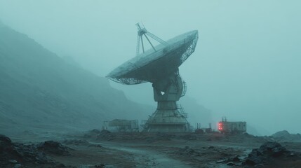 Large satellite dish structure in misty environment near rocky terrain showcasing modern technology and atmospheric conditions