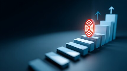Bright rising arrow pointing to objectives, 3D target emblem on blocks, incremental bar graph, enterprise growth pathway, technological evolution, fiscal improvement concepts.