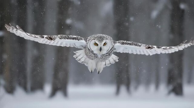 A magnificent white owl in powerful full flight across a tranquil snowy forest