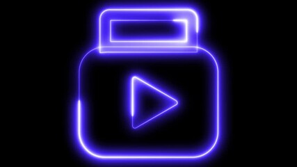 Glowing neon play button animation on a black background, media player, video streaming, entertainment, or digital content - Powered by Adobe