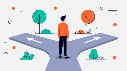 Person at Crossroads Making a Life Choice in Modern Flat Design