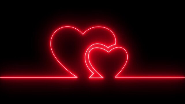 Neon line Two love hearts. Valentine's Day indicate. Love One line drawing concept. love card neon glowing icon. Bright glowing neon valentines love heart symbol animation.4k video animation