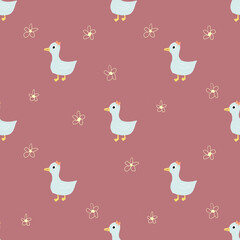 Seamless pattern with flowers and cute duck with bow, kids naive background.
