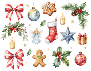Set of Christmas decorations watercolor vector illustration,set of christmas elements