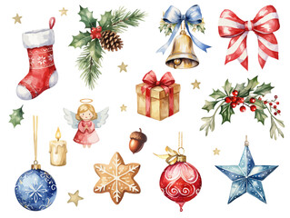 Set of Christmas decorations watercolor vector illustration,set of christmas elements