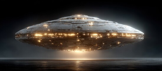 A glowing, disc-shaped craft hovers. Futuristic design. Lit from within