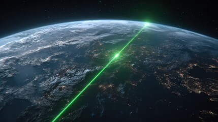 Green Laser Beam Emitting from Earth into Space with Stunning Nighttime City Lights Below and Starry Background