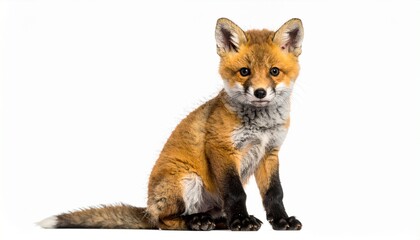 Fototapeta premium Young Red Fox Sitting Against Plain White Background Looking Directly at Camera