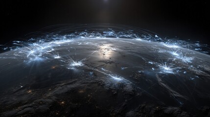 Stunning View of Earth from Space with Illuminated Connections and Data Patterns Surrounding Planetary Surface