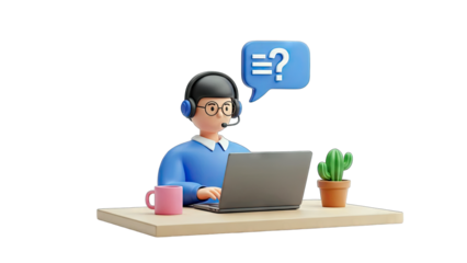 Customer Service Representative Working on Laptop with Question Bubble