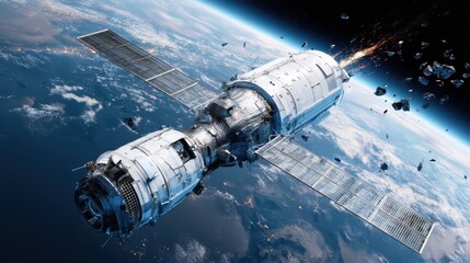 Obraz premium Spacecraft in Orbit Surrounded by Debris with Earth Background and Stunning Detail on Blackness of Space