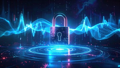 Digital Security Concept - Padlock with Futuristic Technology Background.