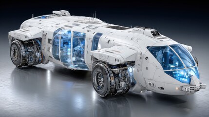 Futuristic spacecraft design featuring sleek lines, detailed interior lighting, and advanced technological components in a dark setting