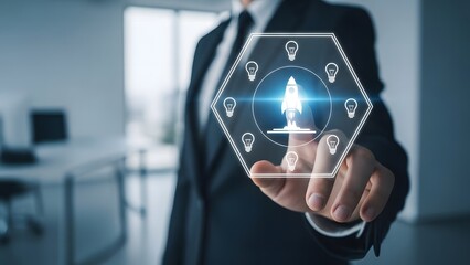 Businessman interacting with futuristic digital interface in office setting