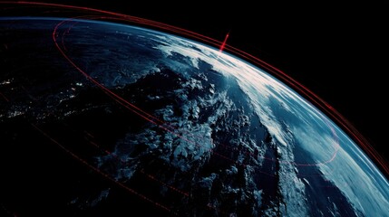 Stunning Earth View from Space with Glowing Red Lines Network and Vibrant Blue Oceans in a Dark Background