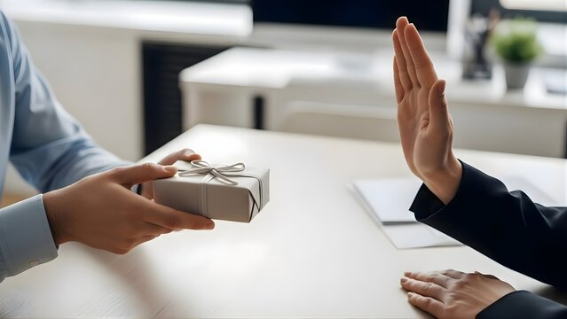 Businessman rejects gift from another person at a desk in office setting
