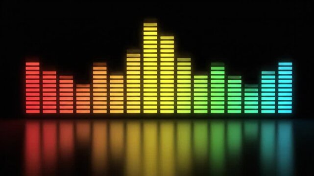 Colorful digital sound equalizer bars reflecting on a dark surface, visualizing dynamic audio and rhythmic music patterns
