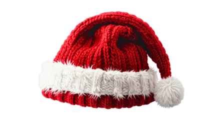 Red knitted christmas hat with white pompom and cuff isolated on transparent background for festive season design
