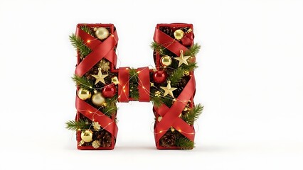 Festive Letter H Decorated with Christmas Ornaments and Ribbons on a White Background