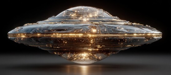 Futuristic craft, saucer shape, illuminated with internal lights, dark backdrop