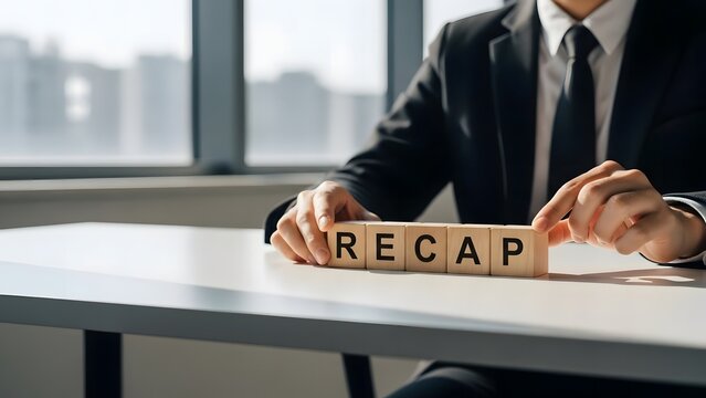 Businessman arranging wooden blocks with the word recap on a desk in an office setting