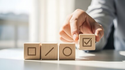 A hand placing a checkmark block on a table with mathematical symbols
