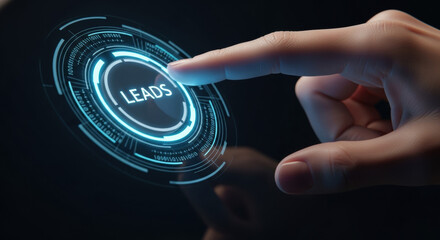 A close-up of a human finger pressing a glowing blue digital interface button labeled 'LEADS'. The background is dark, emphasizing the futuristic technology.
