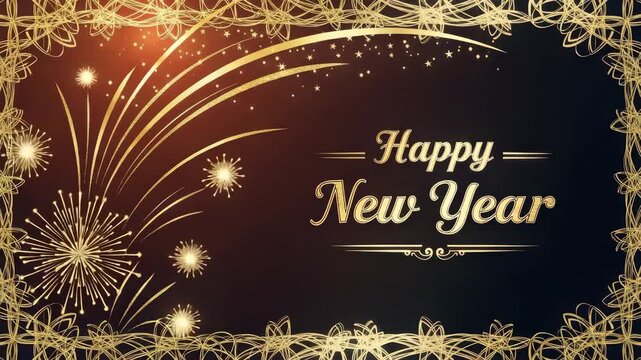 Golden fireworks and elegant text on a dark background for a happy new year celebration card