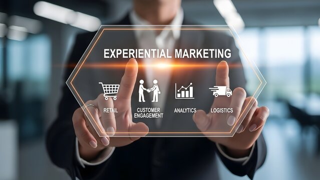 Experiential marketing concept with businessman and virtual interface - Powered by Adobe