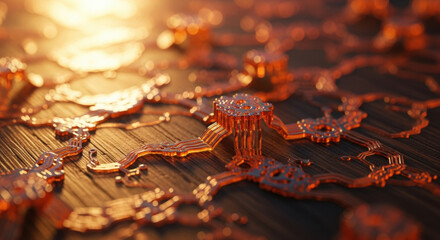 Macro view of orange circuitry with warm golden backlighting. Abstract technology pattern with shallow depth of field.