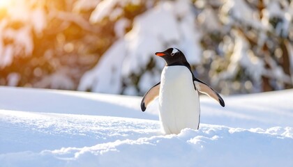 Obraz premium A solitary black and white flightless bird with orange beak and feet stands in snow, with sunlit trees in the blurred background