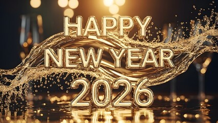 Happy New Year 2026 Celebration With Golden Champagne Splash And Sparkling Lights