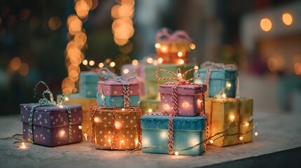 Colorful gift boxes with string lights for christmas birthday party celebration and special occasion presents.