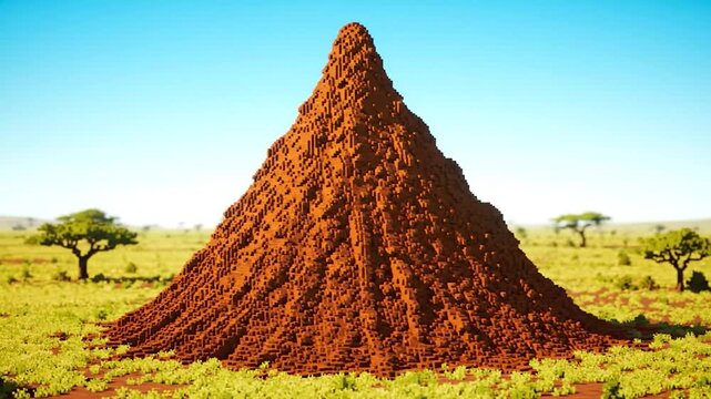 Digital image showcasing a large, pixelated termite mound in a savanna landscape, bright blue sky