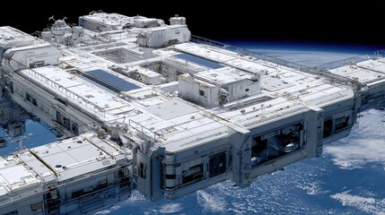Futuristic Space Station Orbiting Earth with Solar Panels and Detailed Structural Features Against a Starry Background