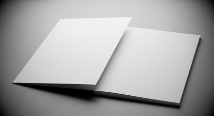 Open blank book with empty white pages on a clean minimal gray background. Simple and modern composition ideal for book mockup, magazine layout, brochure design, publishing, and creative copy space.
