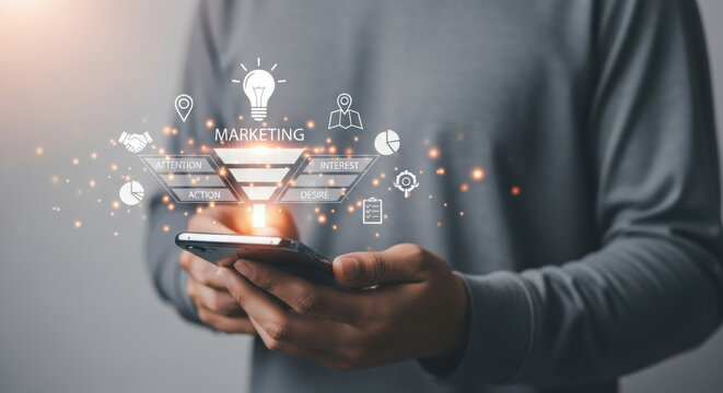Close-up of a person holding a smartphone with various digital icons and illuminated network lines floating above, symbolizing technological advancement and innovative ideas. - Powered by Adobe