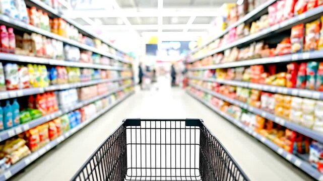 A grocery cart navigates an aisle lined with shelves of products in a blurred, inviting view