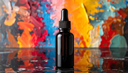 Dark Dropper Bottle on Black Pedestal with Vibrant Abstract Background and Tropical Leaves