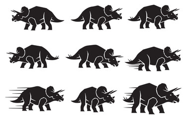 Collection of black silhouette illustrations of Triceratops dinosaurs in various poses and motion effects. © Riki
