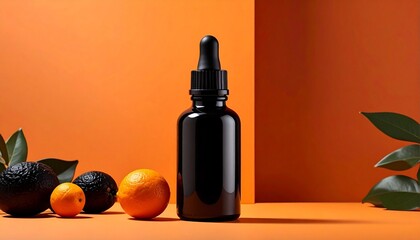 Amber Dropper Bottle with Oranges, Peppercorns, and Greenery on Vibrant Orange Background