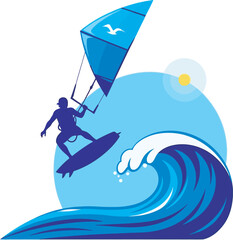 Vibrant blue vector illustration of a windsurfer catching air off a massive ocean wave. Dynamic water sports graphic features a sun and seagull, perfect for summer travel and beach lifestyle branding.