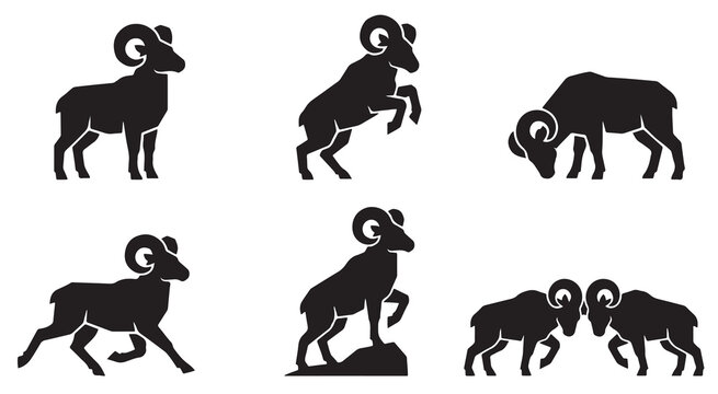 Collection of Silhouette Illustrations of Bighorn Sheep in Various Poses.