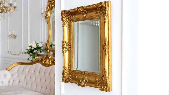 A regal scene showcases ornate gold mirrors, an elegant sofa, and a floral display