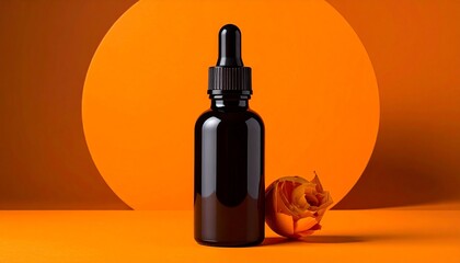 Amber Dropper Bottle with Oranges, Peppercorns, and Greenery on Vibrant Orange Background
