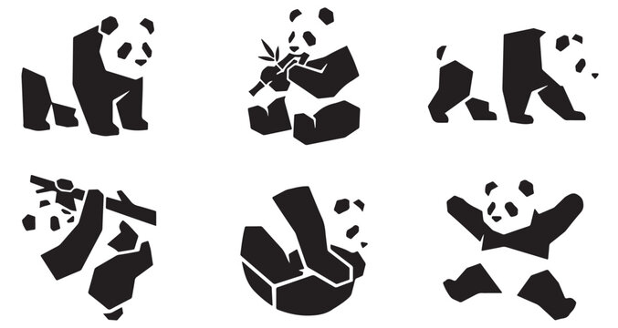 Set of stylized black and white panda bear illustrations in various poses and activities, perfect for graphic design and branding.