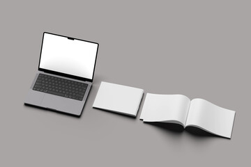 Book or magazine open blank pages. Vector isolated 3D catalog brochure or A4 horizontal landscape album booklet mockup with Laptops Mockups With Blank Screens, Front View, Isolated On White Background