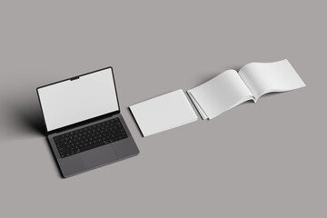 Laptop with transparent screen. Laptop mockup and book with cover, leaflet, catalogs, note, brochure, flyer, booklet, etc. spread out front