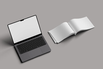 Laptop with transparent screen. Laptop mockup and book with cover, leaflet, catalogs, note, brochure, flyer, booklet, etc. spread out front